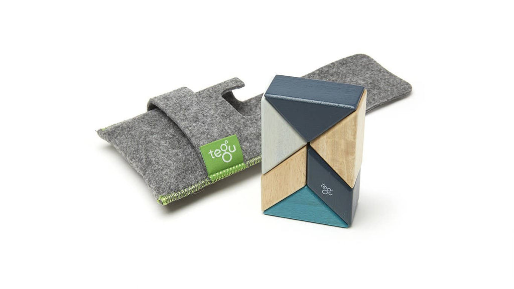 Tegu 6 Piece Magnetic Wooden Blocks Pocket Pouch Prism Blues