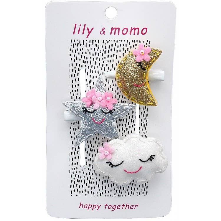 Lily & Momo Starlight Moon Kisses Trio Hair Clip - Glitter Gold and Silver