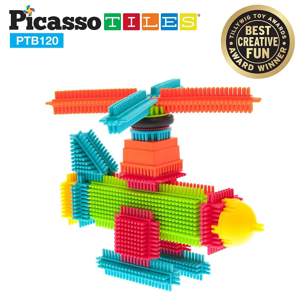 PicassoTiles 120 Piece Bristle Lock Basic Building Tiles Set