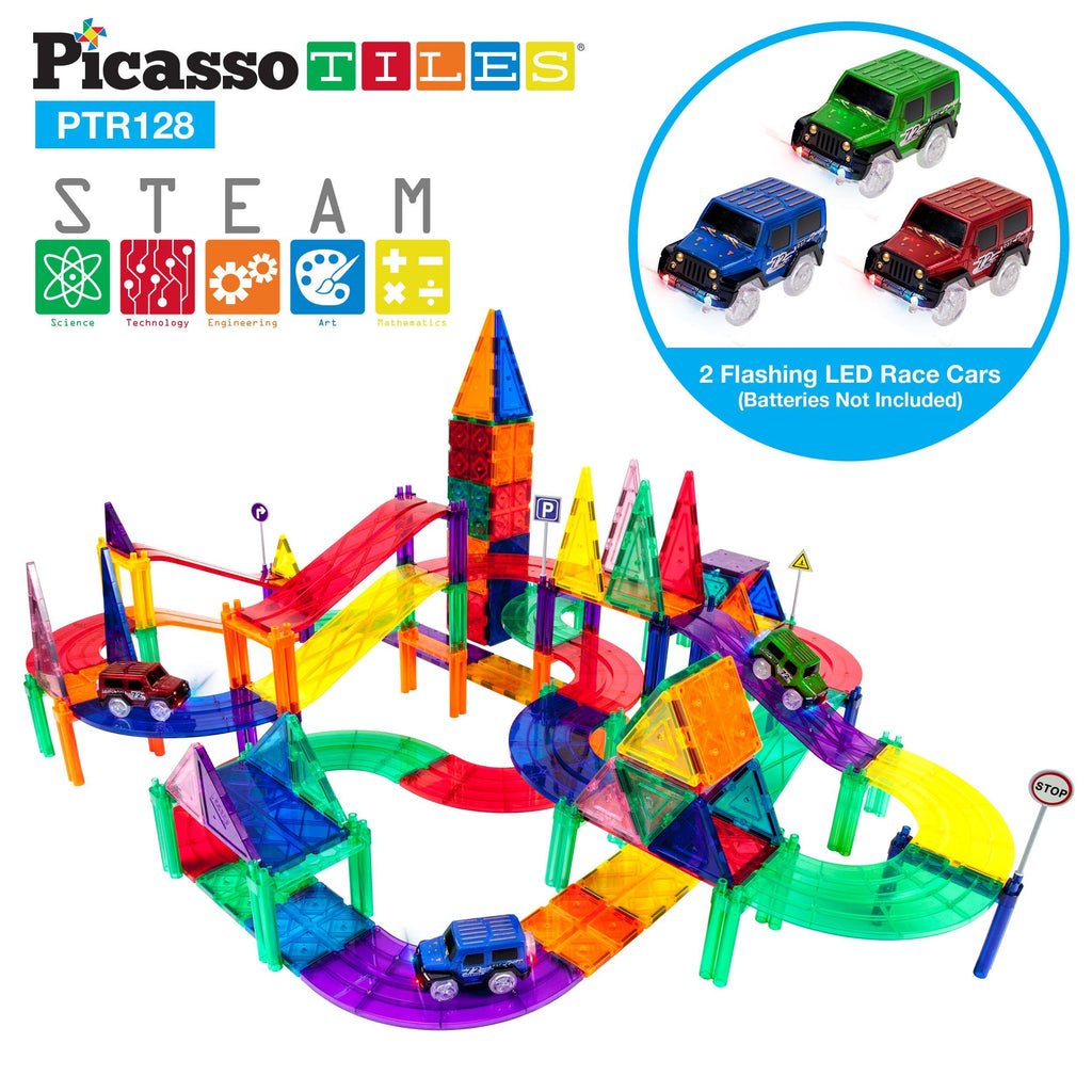 PicassoTiles 128 Piece Racing Track Set with 3 LED Cars