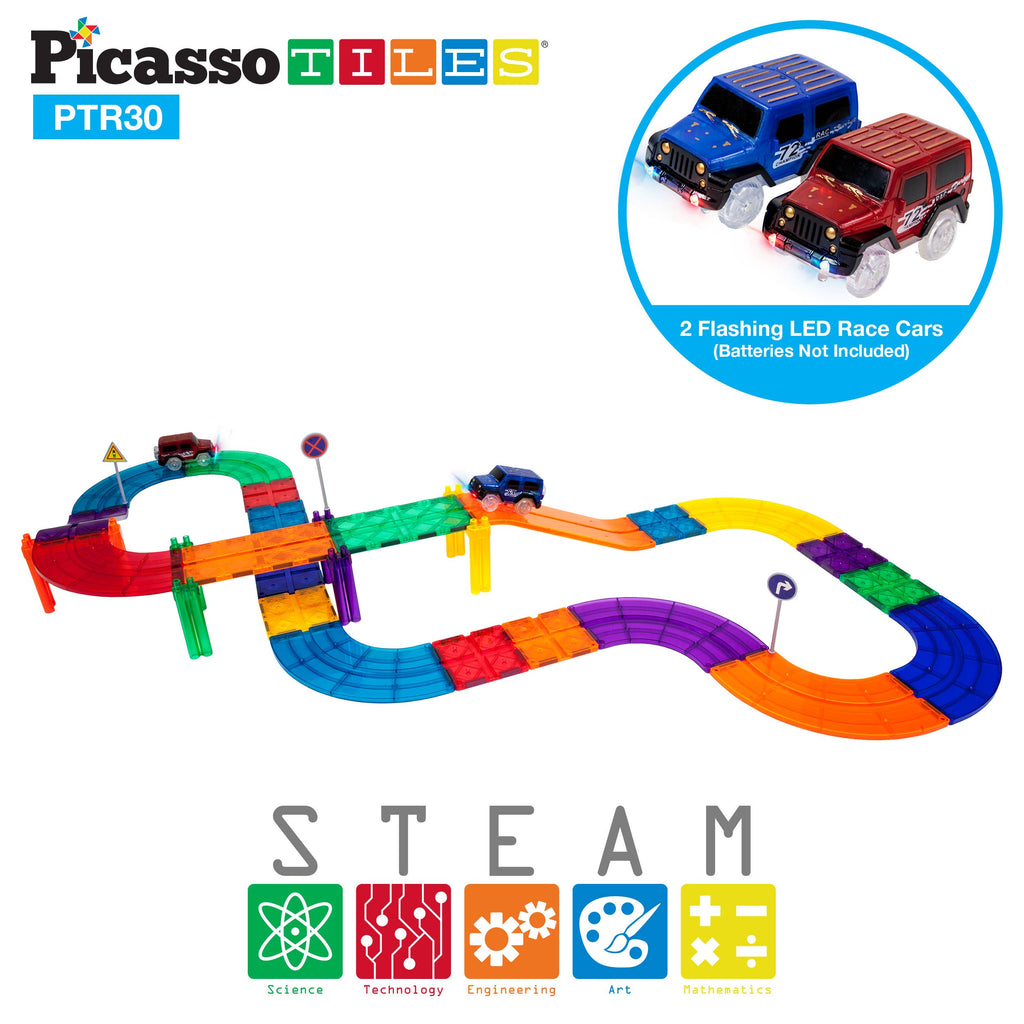 PicassoTiles 30 Piece Magnetic Race Track Building Blocks Set